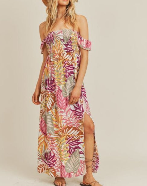 off the shoulder tropical maxi dress Amazon.com: SITELUOYG Womens Summer Off The Shoulder Ruffle Side Split Leaf Patterns Chiffon A Line Beach Maxi Dress : Clothing, Shoes & Jewelry