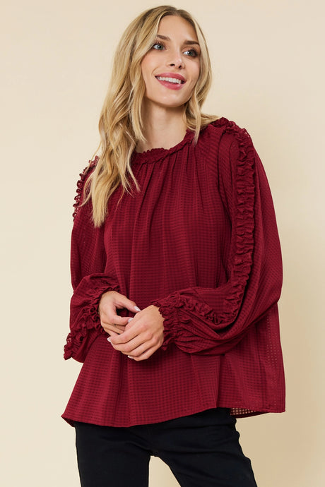 GINGHAM RUFFLED LONG SLEEVE BLOUSE