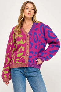 LEOPARD COLOR BLOCK SWEATER CARDIGAN