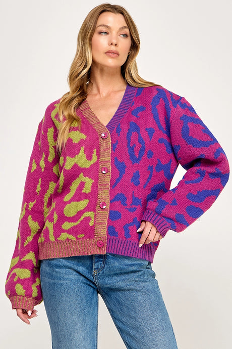LEOPARD COLOR BLOCK SWEATER CARDIGAN