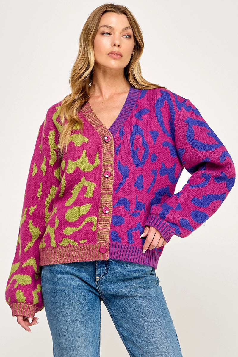 LEOPARD COLOR BLOCK SWEATER CARDIGAN