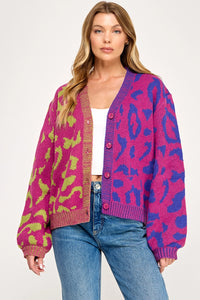 LEOPARD COLOR BLOCK SWEATER CARDIGAN
