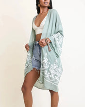 Load image into Gallery viewer, SAGE EMBROIDERED FLORAL VINE KIMONO