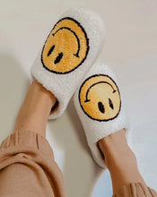 Load image into Gallery viewer, WHITE FUZZY HAPPY FACE SLIPPERS